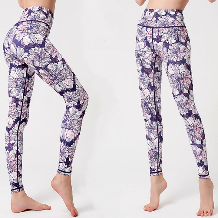 Pantalones de yoga para mujer, leggings de cintura alta, de fitness, de ejercicio deportivo, con impresión de pétalos de flores coloridas de Buddha Stones. - image 5