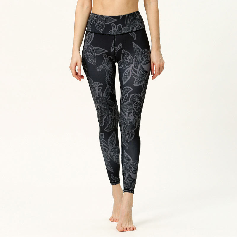 Leggings deportivos de fitness con estampado de hojas simples para mujeres Buddha Stones - Gris oscuro - US8-10, UK/AU12-14, EU40-42 (XL) - image 6