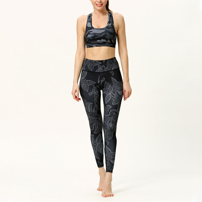 Leggings deportivos de fitness con estampado de hojas simples para mujeres Buddha Stones - image 10
