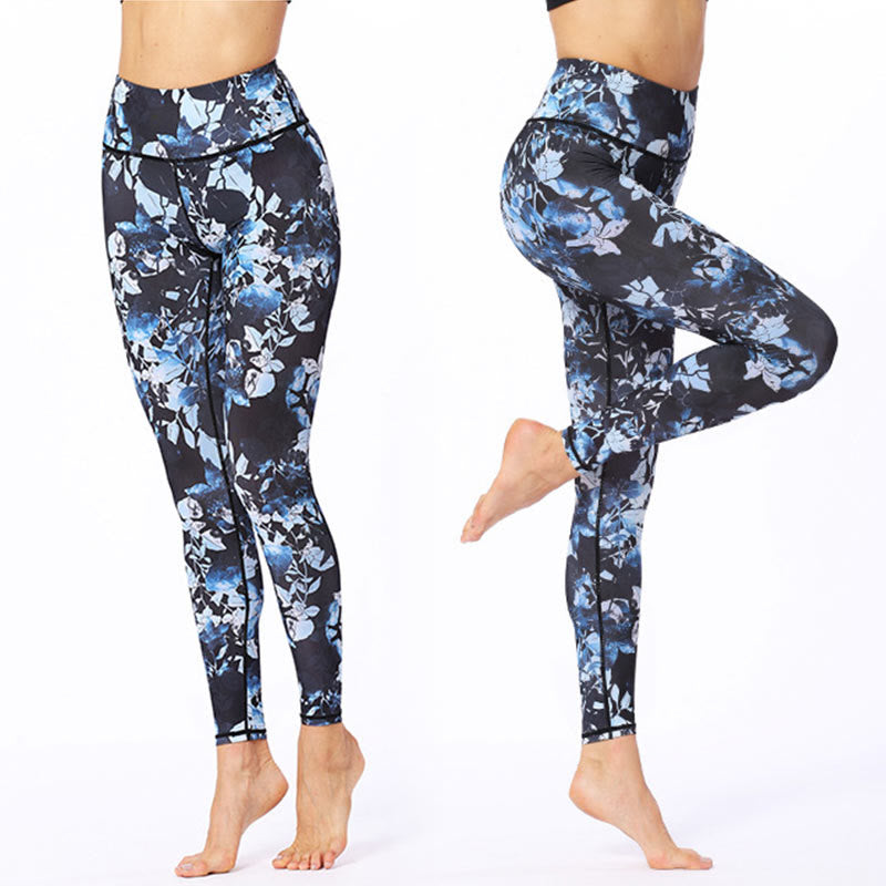 Leggings deportivos de fitness con estampado de hojas simples para mujeres Buddha Stones - image 2