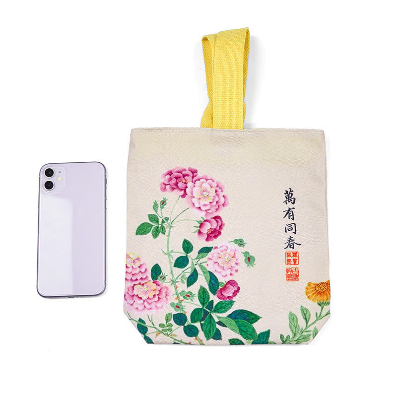 Bolso de lona con piedras de Buda y peonías