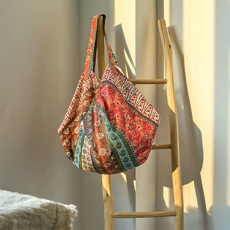 Bolso de Hombro de Algodón con Patrón de Rayas de Colores Buddha Stones - Naranja Marrón 50*20*40cm - image 3