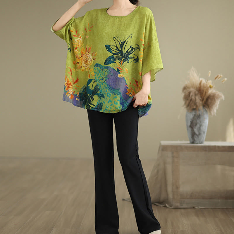 Buddha Stones Flores Amarillas Verdes Camiseta de Lino de Manga Tres Cuartos - image 12
