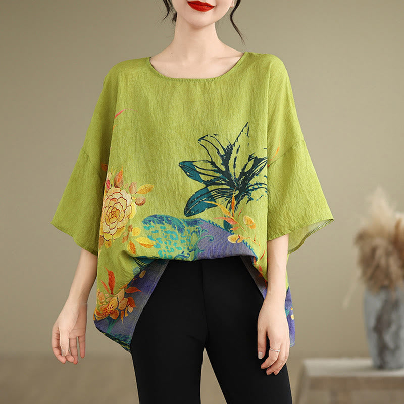 Buddha Stones Flores Amarillas Verdes Camiseta de Lino de Manga Tres Cuartos - image 2
