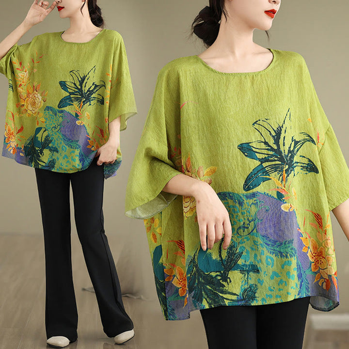 Buddha Stones Flores Amarillas Verdes Camiseta de Lino de Manga Tres Cuartos - image 11