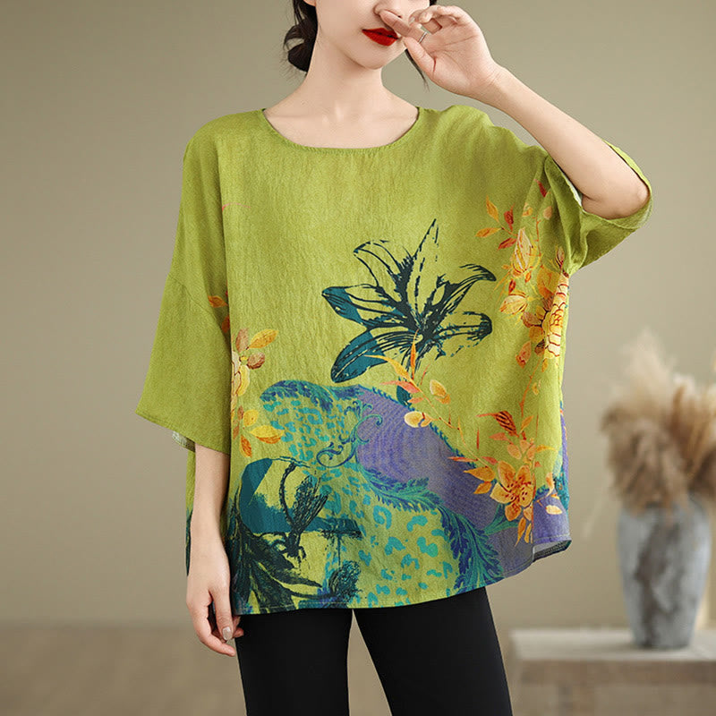 Buddha Stones Flores Amarillas Verdes Camiseta de Lino de Manga Tres Cuartos - image 4