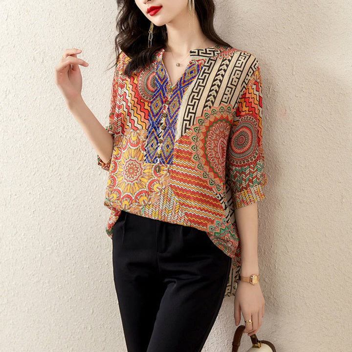 Camisa de Mujer con Mandala Geométrico de Media Abotonadura de Buddha Stones