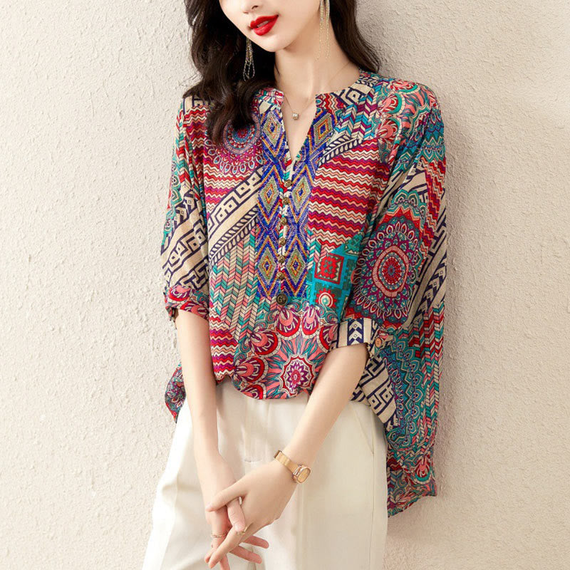 Camisa de Mujer con Mandala Geométrico de Media Abotonadura de Buddha Stones