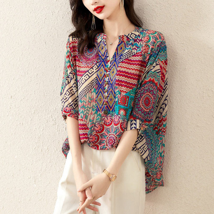 Camisa de Mujer con Mandala Geométrico de Media Abotonadura de Buddha Stones