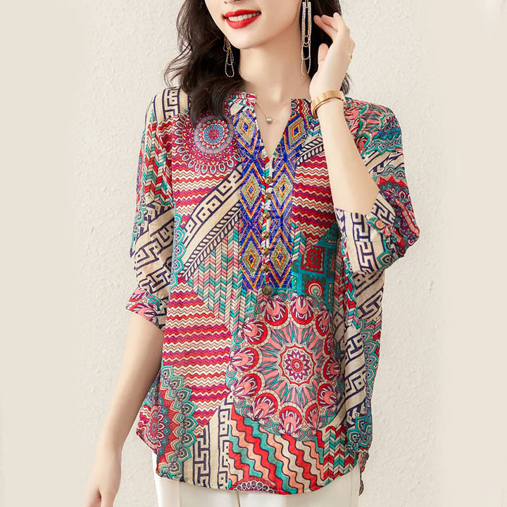 Camisa de Mujer con Mandala Geométrico de Media Abotonadura de Buddha Stones