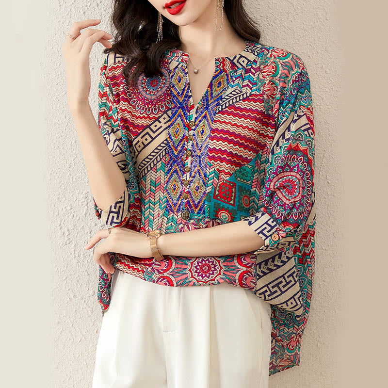 Camisa de Mujer con Mandala Geométrico de Media Abotonadura de Buddha Stones