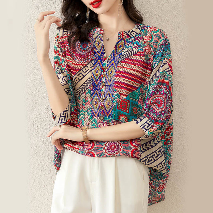 Camisa de Mujer con Mandala Geométrico de Media Abotonadura de Buddha Stones