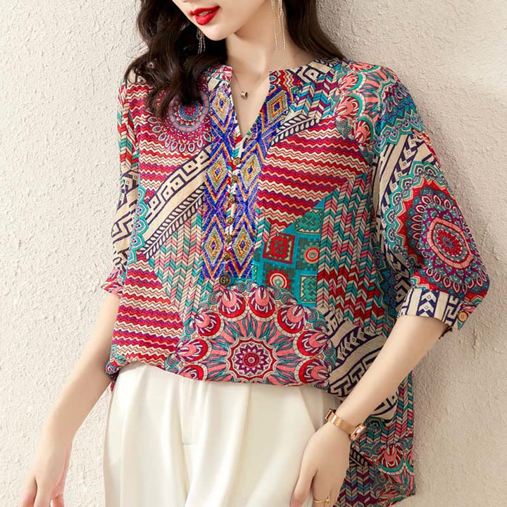 Camisa de Mujer con Mandala Geométrico de Media Abotonadura de Buddha Stones