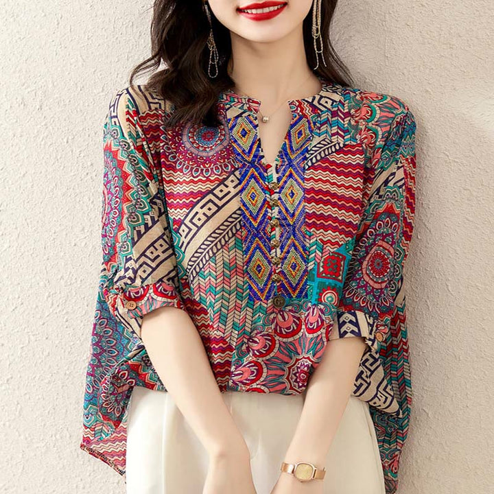 Camisa de Mujer con Mandala Geométrico de Media Abotonadura de Buddha Stones