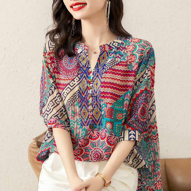 Camisa de Mujer con Mandala Geométrico de Media Abotonadura de Buddha Stones