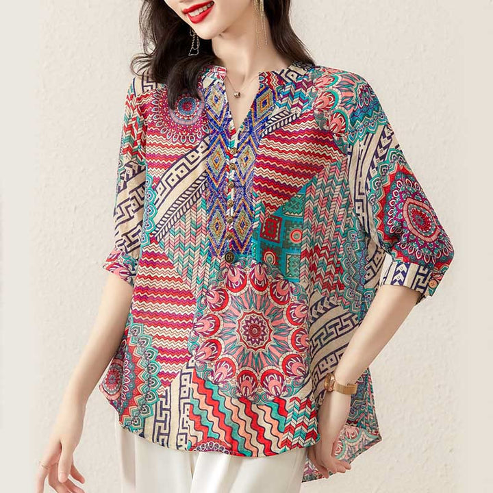 Camisa de Mujer con Mandala Geométrico de Media Abotonadura de Buddha Stones