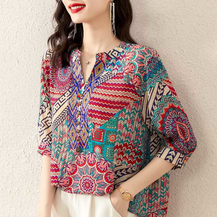 Camisa de Mujer con Mandala Geométrico de Media Abotonadura de Buddha Stones
