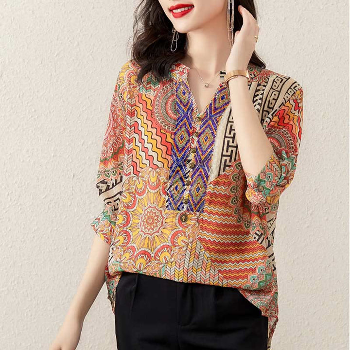 Camisa de Mujer con Mandala Geométrico de Media Abotonadura de Buddha Stones