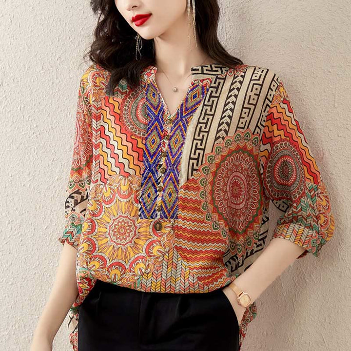 Camisa de Mujer con Mandala Geométrico de Media Abotonadura de Buddha Stones