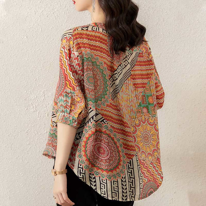 Camisa de Mujer con Mandala Geométrico de Media Abotonadura de Buddha Stones
