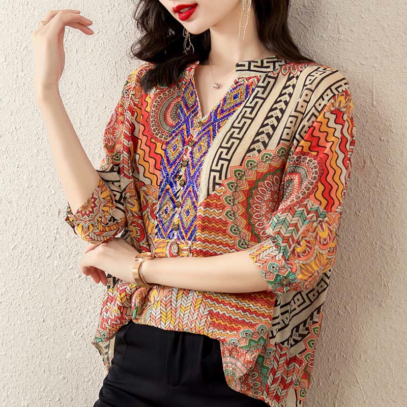 Camisa de Mujer con Mandala Geométrico de Media Abotonadura de Buddha Stones