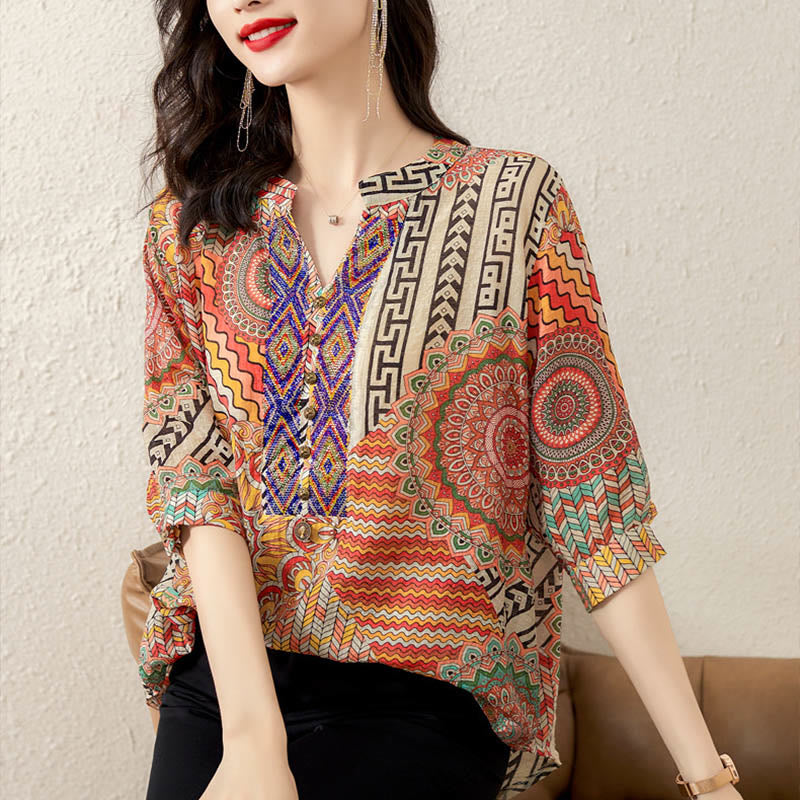 Camisa de Mujer con Mandala Geométrico de Media Abotonadura de Buddha Stones