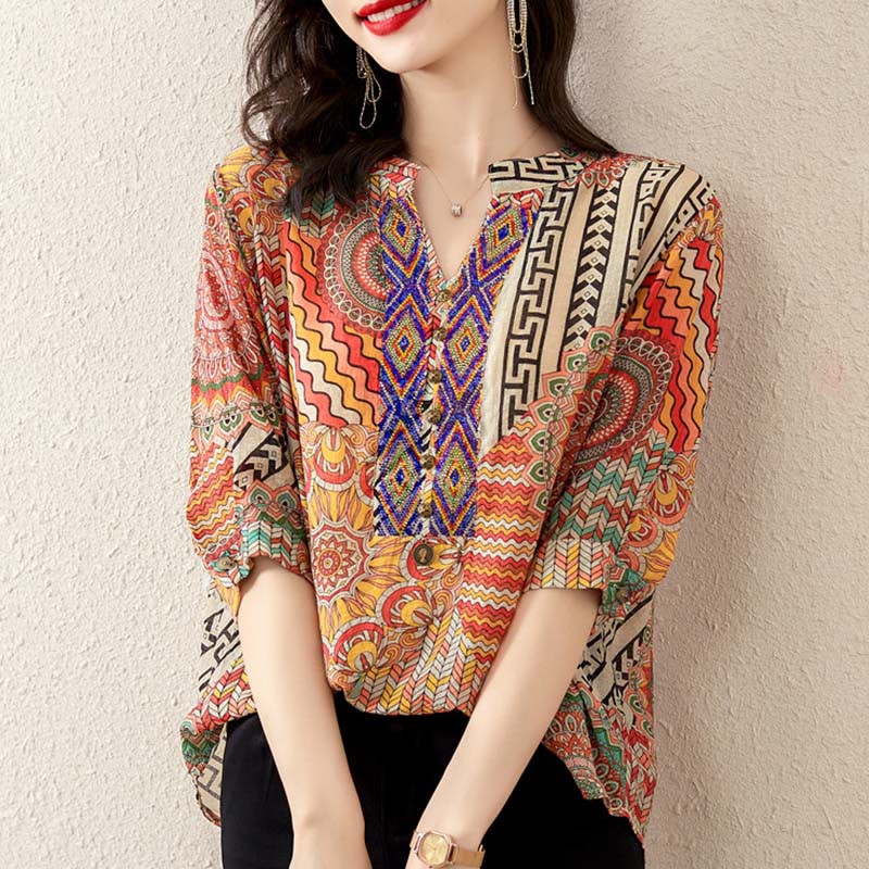 Camisa de Mujer con Mandala Geométrico de Media Abotonadura de Buddha Stones