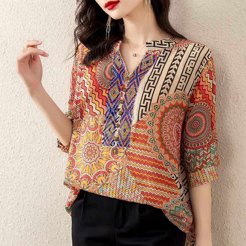 Camisa de Mujer con Mandala Geométrico de Media Abotonadura de Buddha Stones