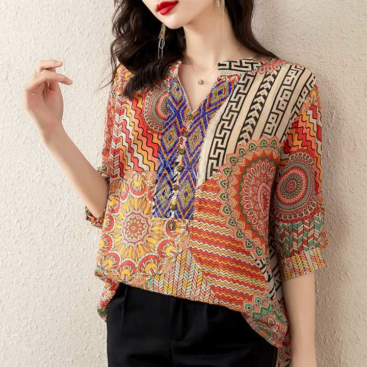 Camisa de Mujer con Mandala Geométrico de Media Abotonadura de Buddha Stones