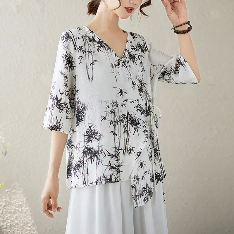 Camiseta de manga corta con botonadura tipo rana, estampado de hojas de bambú en tinta, cuello en V encaje Buddha Stones - image 1