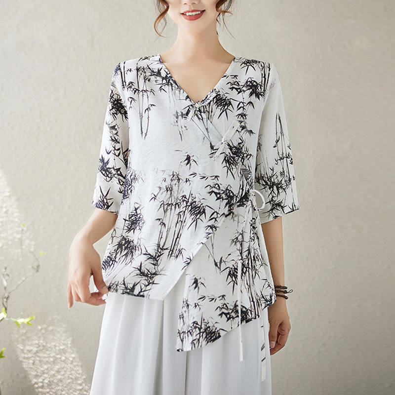 Camiseta de manga corta con botonadura tipo rana, estampado de hojas de bambú en tinta, cuello en V encaje Buddha Stones - Nieve - XL(Equivalente a la US6.; UK/AU10; 38 de la UE) - image 0