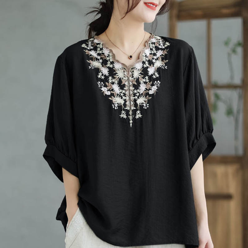 Buddha Stones Camiseta de Manga Corta de Algodón y Lino con Bordado Floral Pequeño y Cuello en V - image 1