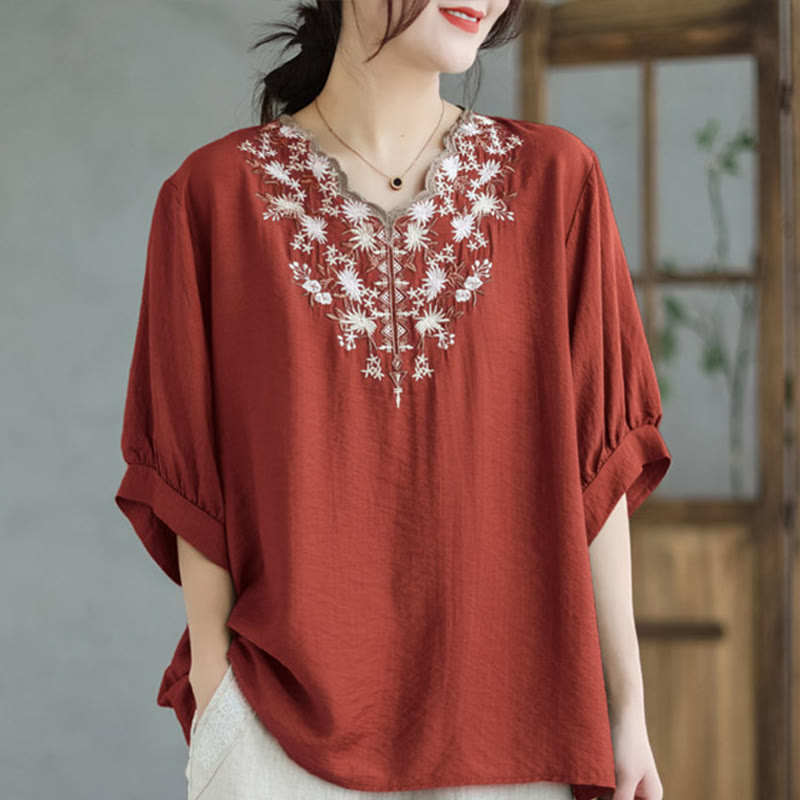 Buddha Stones Camiseta de Manga Corta de Algodón y Lino con Bordado Floral Pequeño y Cuello en V - Tomate - F (Apto para US4-8/10; UK/AU8-12/14; EU 36-40/42) - image 2