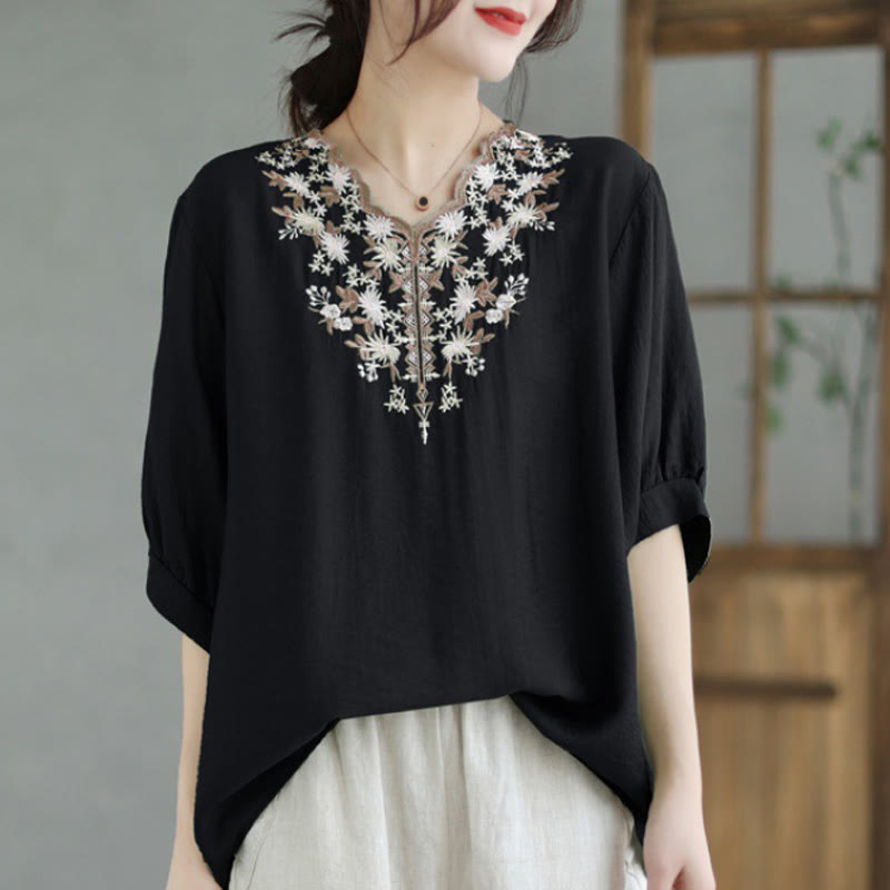 Buddha Stones Camiseta de Manga Corta de Algodón y Lino con Bordado Floral Pequeño y Cuello en V - Negro - F (Apto para US4-8/10; UK/AU8-12/14; EU 36-40/42) - image 0