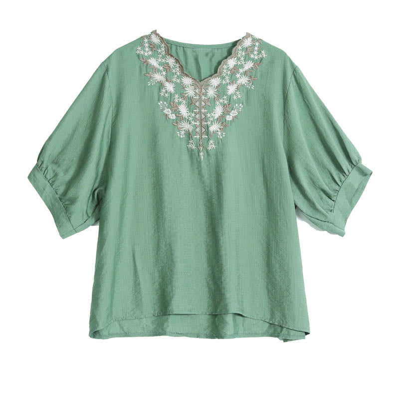 Buddha Stones Camiseta de Manga Corta de Algodón y Lino con Bordado Floral Pequeño y Cuello en V - image 5