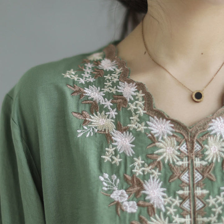 Buddha Stones Camiseta de Manga Corta de Algodón y Lino con Bordado Floral Pequeño y Cuello en V - image 6