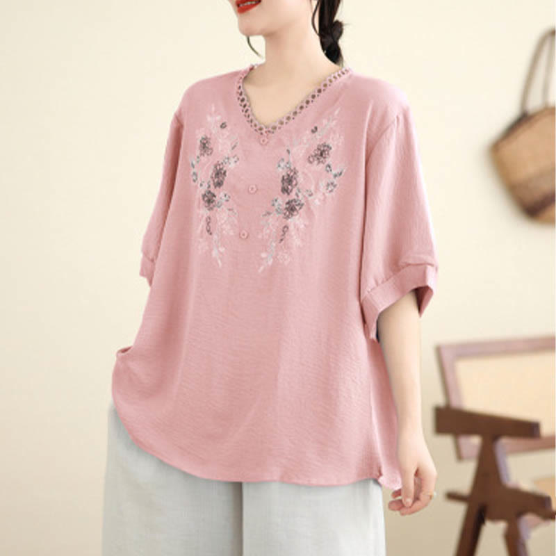 Camiseta con Bordado Floral de Buddha Stones de Cuello en V y Manga Corta - image 1
