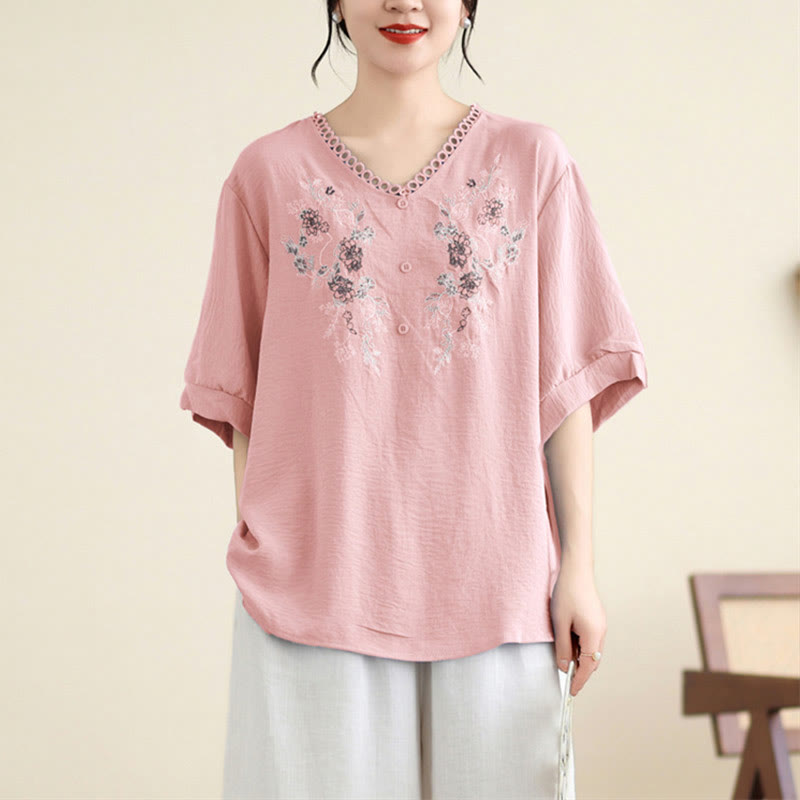 Camiseta con Bordado Floral de Buddha Stones de Cuello en V y Manga Corta - Rosa claro - F (Apto para US4-8/10; UK/AU8-12/14; UE 36-40/42) - image 0