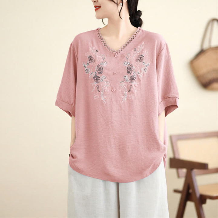 Camiseta con Bordado Floral de Buddha Stones de Cuello en V y Manga Corta - image 2