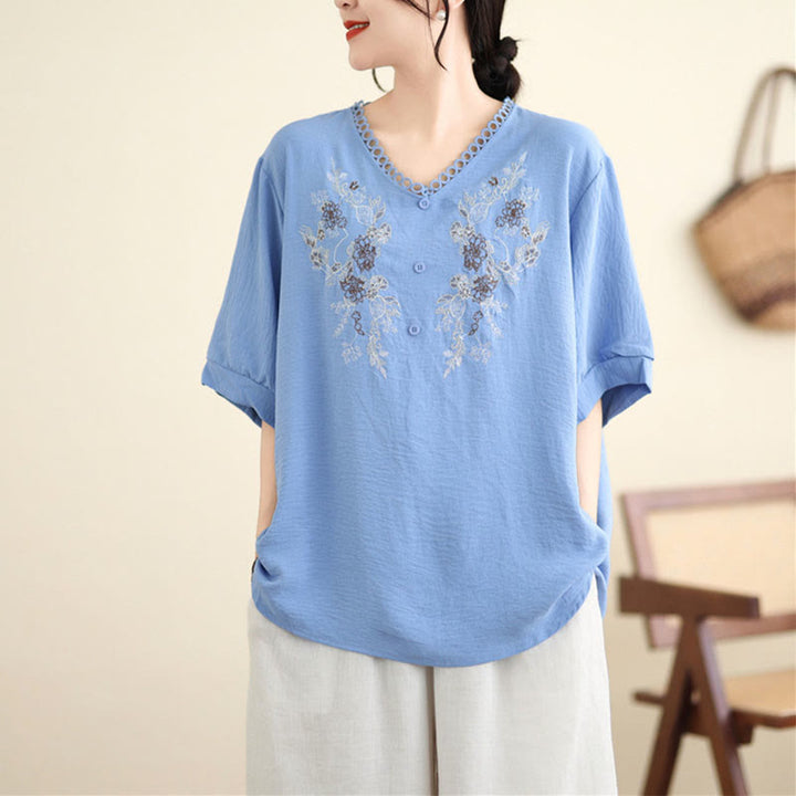 Camiseta con Bordado Floral de Buddha Stones de Cuello en V y Manga Corta - Azul acero claro - F (Apto para US4-8/10; UK/AU8-12/14; UE 36-40/42) - image 4
