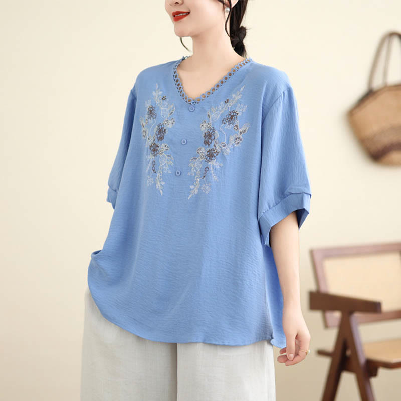 Camiseta con Bordado Floral de Buddha Stones de Cuello en V y Manga Corta - image 6