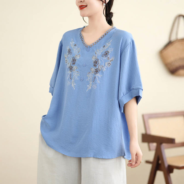 Camiseta con Bordado Floral de Buddha Stones de Cuello en V y Manga Corta - image 6