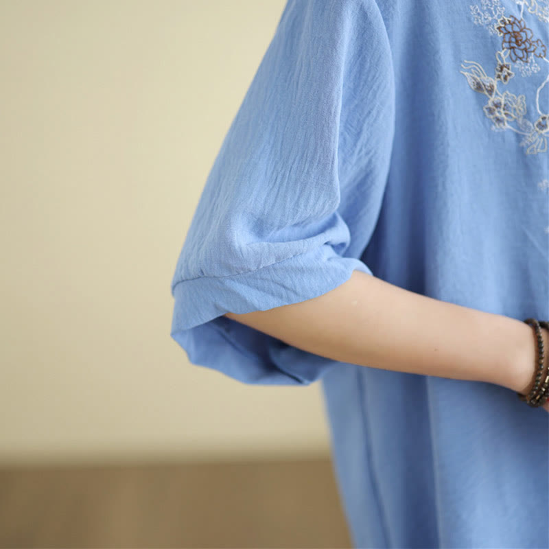 Camiseta con Bordado Floral de Buddha Stones de Cuello en V y Manga Corta - image 9