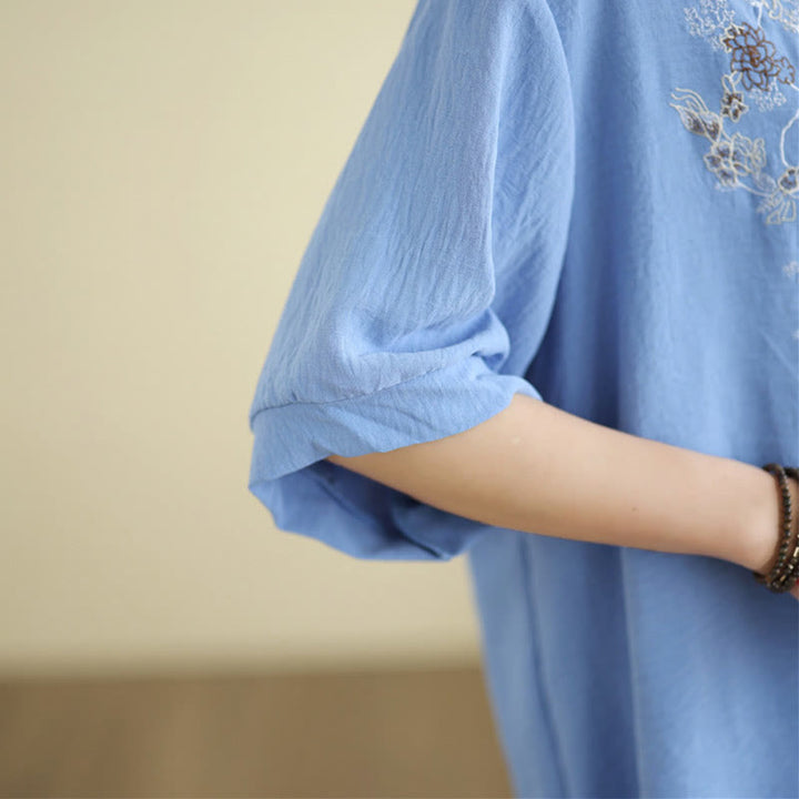 Camiseta con Bordado Floral de Buddha Stones de Cuello en V y Manga Corta - image 9