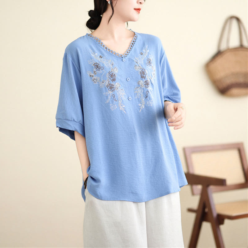 Camiseta con Bordado Floral de Buddha Stones de Cuello en V y Manga Corta - image 7