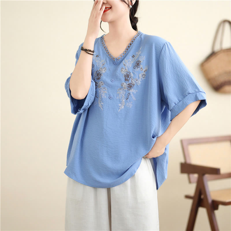 Camiseta con Bordado Floral de Buddha Stones de Cuello en V y Manga Corta - image 8