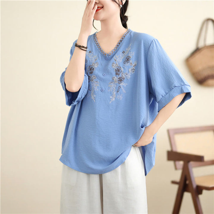 Camiseta con Bordado Floral de Buddha Stones de Cuello en V y Manga Corta - image 8
