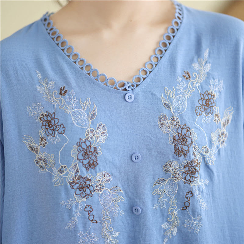 Camiseta con Bordado Floral de Buddha Stones de Cuello en V y Manga Corta - image 10
