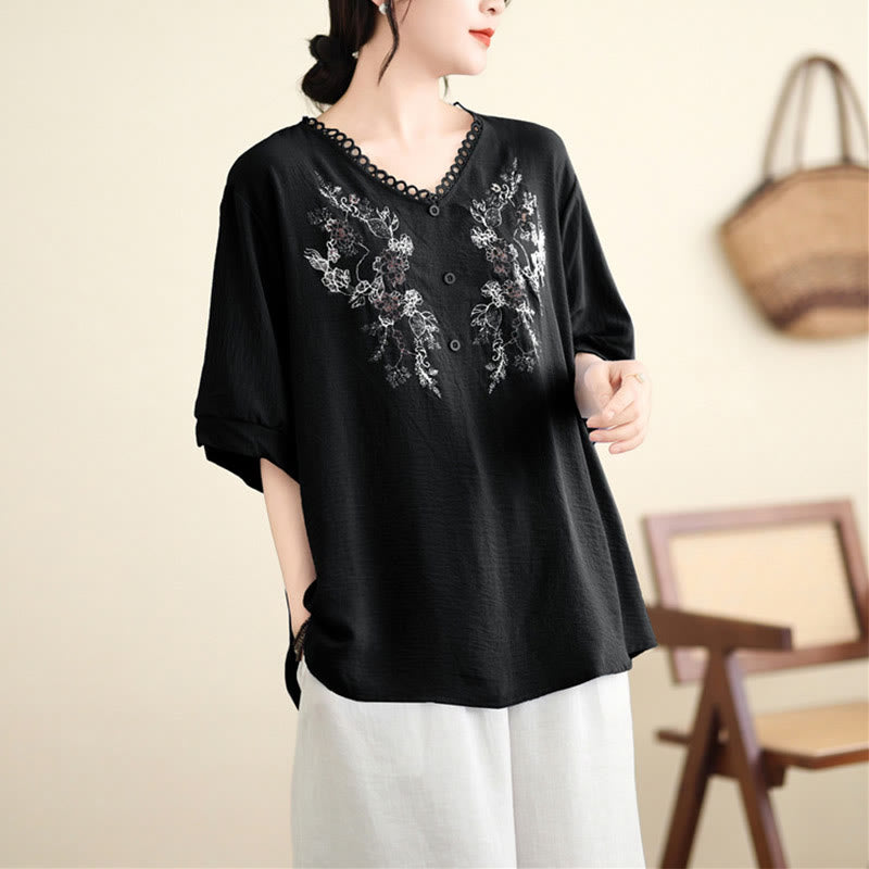 Camiseta con Bordado Floral de Buddha Stones de Cuello en V y Manga Corta - Negro - F (Apto para US4-8/10; UK/AU8-12/14; UE 36-40/42) - image 13