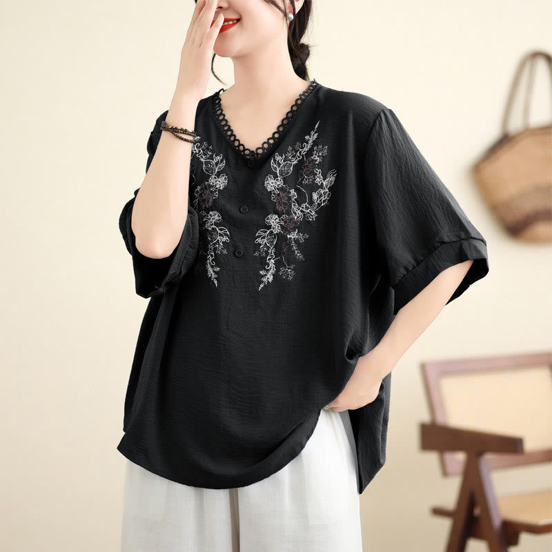 Camiseta con Bordado Floral de Buddha Stones de Cuello en V y Manga Corta - image 15
